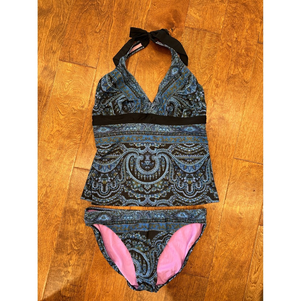 Athleta Tankini Swimsuit Two Piece Set 36 D/DD Large Blue Paisley Halter Mandala - Picture 2 of 16